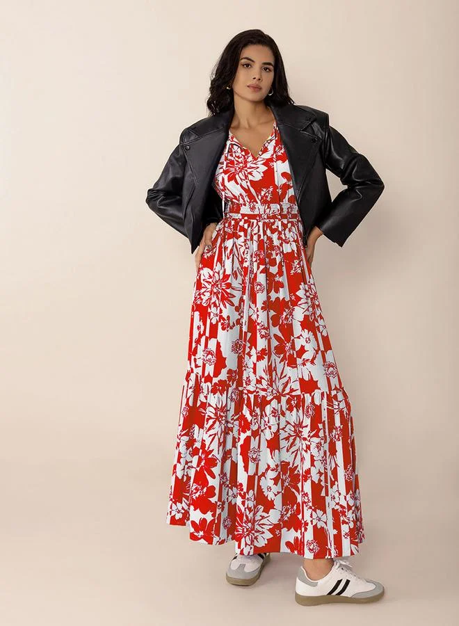 Take Two Women's Floral Printed V Neck Long Sleeve Maxi Dress